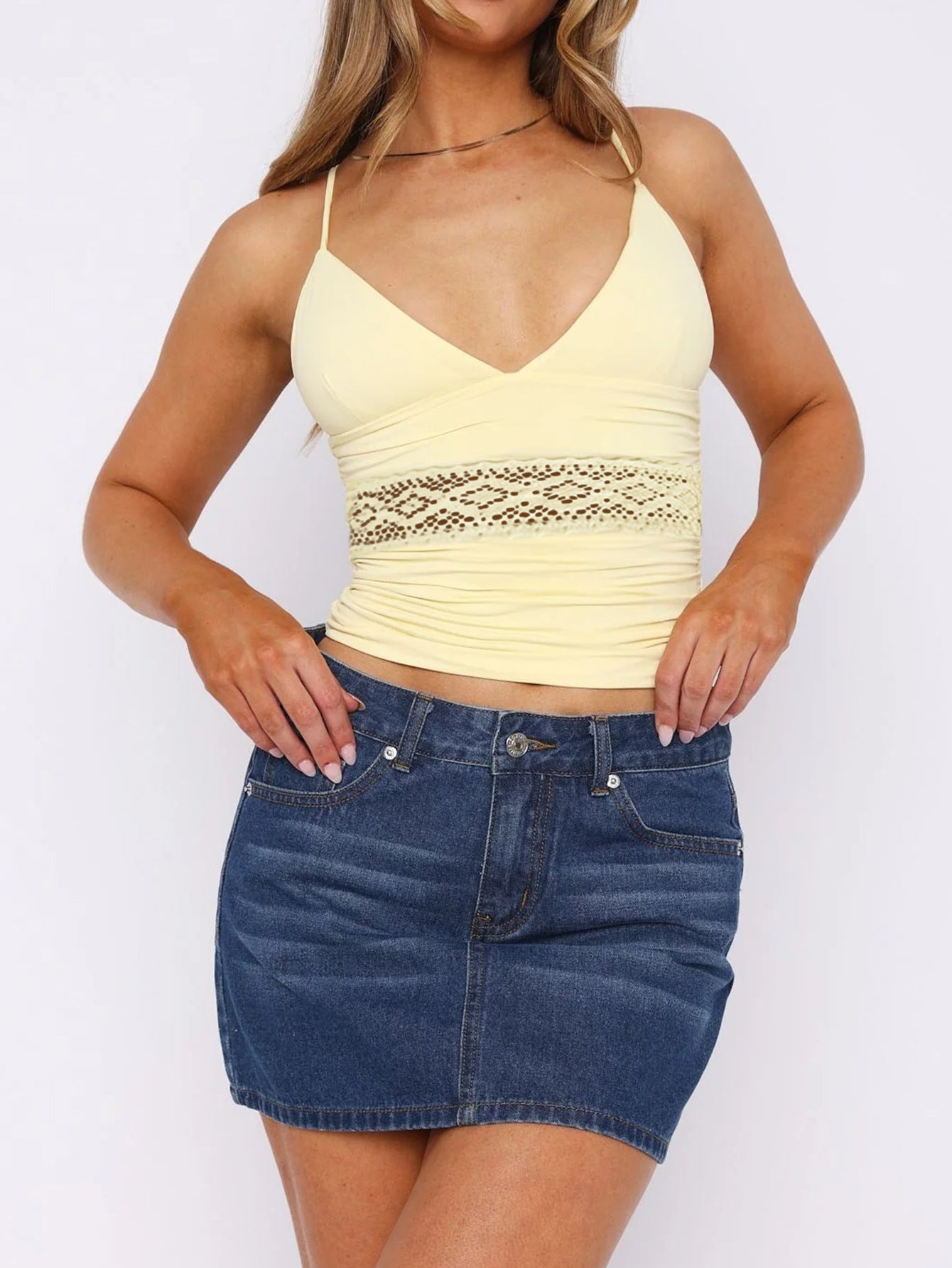 Spring Summer Sexy Sexy Lace Stitching Hollow Out Cutout out Halter Strap Top