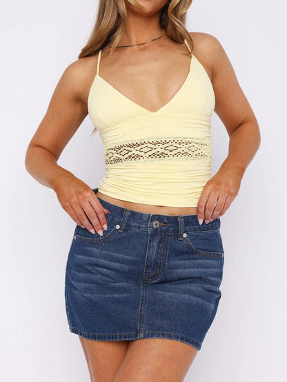 Spring Summer Sexy Sexy Lace Stitching Hollow Out Cutout out Halter Strap Top
