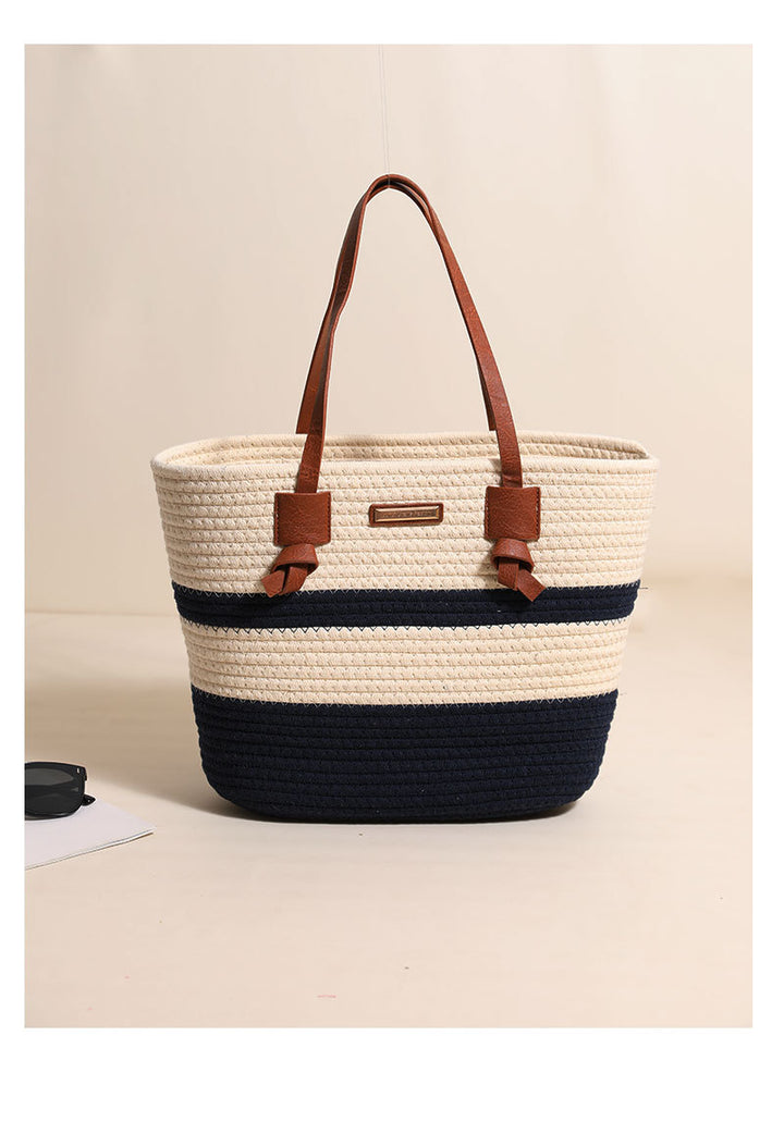 One Shoulder Cotton Thread Woven Bag Large Capacity Tote Straw Bag Vacation Beach Women Bag - GLAMWEARS