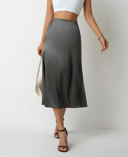 Women Clothing Popular Satin Skirt Women Summer Mid Length Split Professional A line Skirt High Waist Skirt