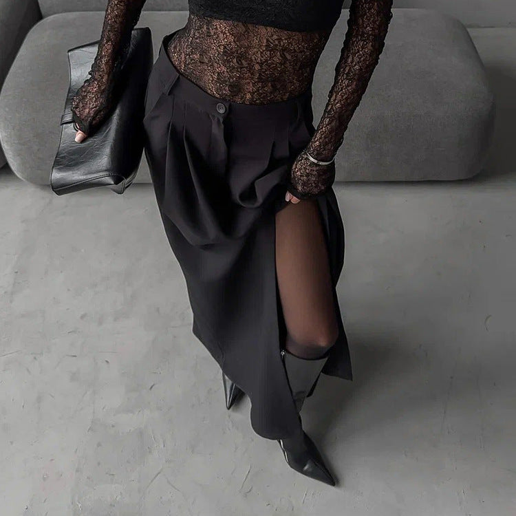 Women Clothing Elegant High Sense Slit Black Half Length Dress Fashionable All Match Pleated A line Skirt