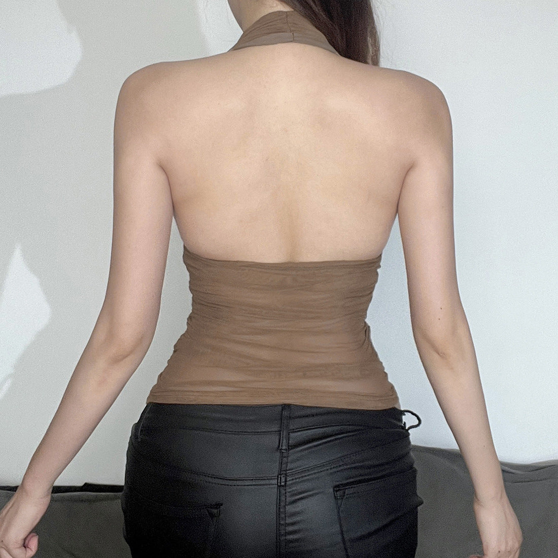 Summer Women Clothing Sexy V neck Halter Spaghetti Straps Vest Mesh Pleats Top for Women