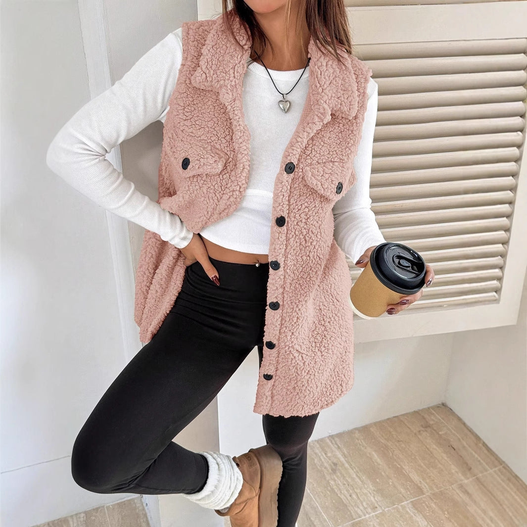 Fall Winter Lapels Open Buckle Plush Vest Cardigan Loose Office Faux Cashmere Women