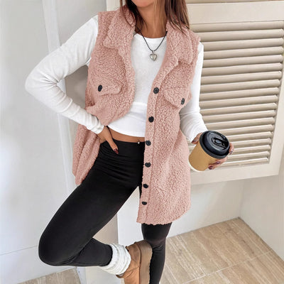Fall Winter Lapels Open Buckle Plush Vest Cardigan Loose Office Faux Cashmere Women