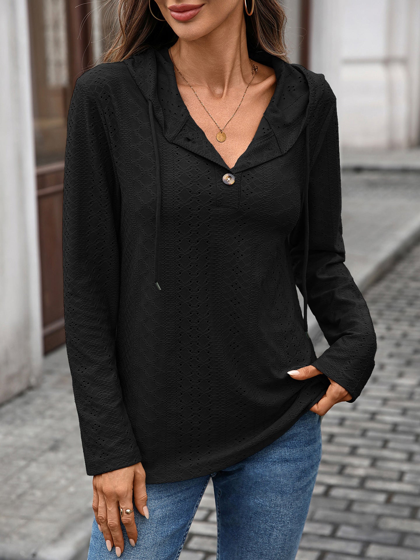 Autumn Winter Solid Color Buttons Hooded Loose Long Sleeves Sweater Top Women