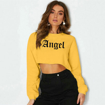Women Clothing Autumn Winter Angel Letter Graphic Printed Short Long Sleeved Sweatshirt for Women