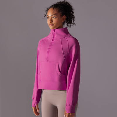 Trendy High Collar Warm Brushed Lining Zipped Sports Coat Loose Yoga Casual All Matching Sweater