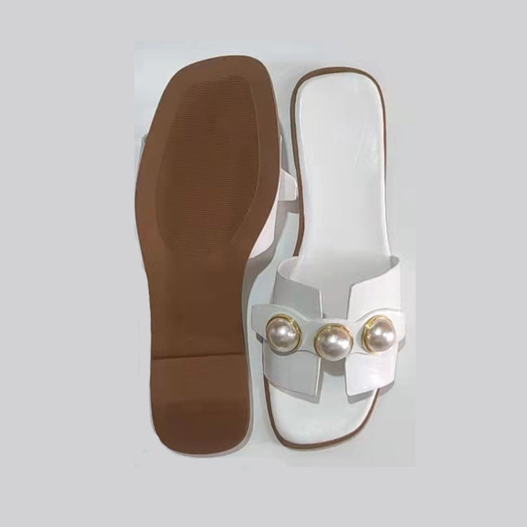 Pearl Flat Slippers Women Lightweight Low Heel Outerwear Beach Slippers Supply