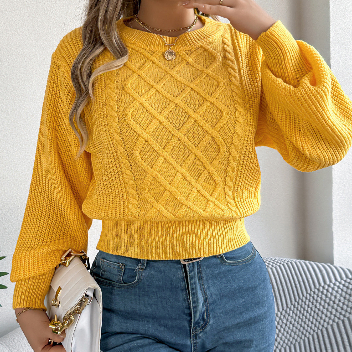 Autumn Winter Solid Color Twist Lantern Long Sleeve Waist Tight Pullover Women Clothing