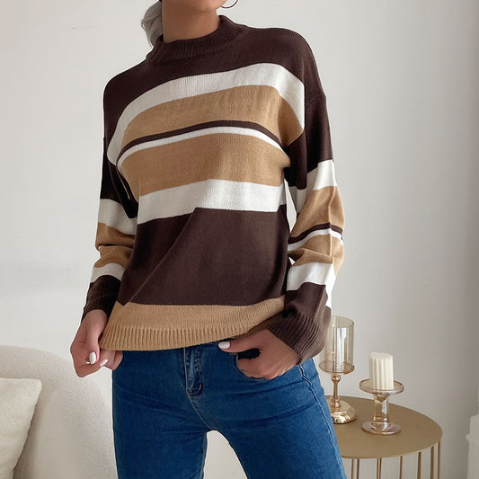 Women Wear Stitching Contrast Color Long Sleeves Mock Neck Sweater