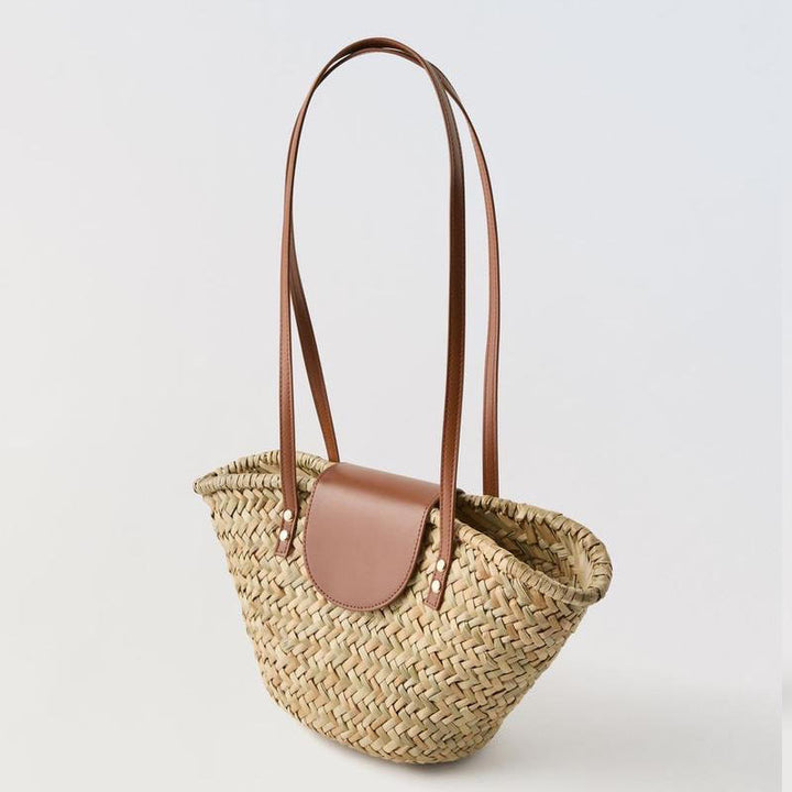 Natural Grass Shoulder Straw Bag Faux Leather Stitching Woven Bag Vacation Beach Bag All Match Rattan Weave Bag - GLAMWEARS