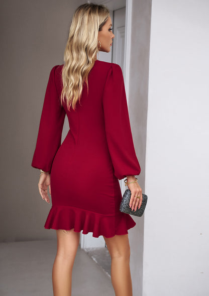 Autumn Winter Women Clothing Graceful Puff Sleeve Solid Color Dress