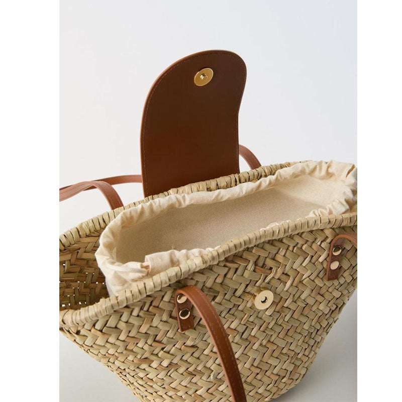 Natural Grass Shoulder Straw Bag Faux Leather Stitching Woven Bag Vacation Beach Bag All Match Rattan Weave Bag - GLAMWEARS