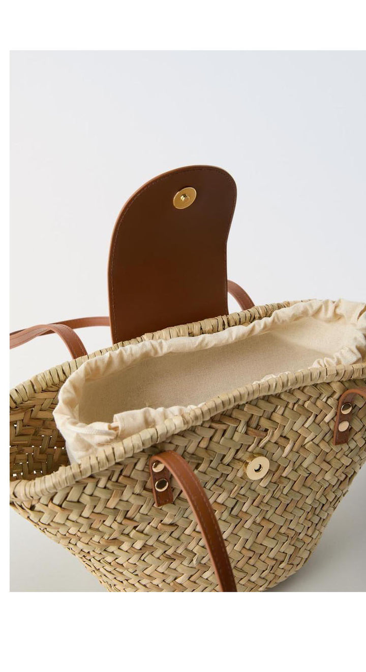 Natural Grass Shoulder Straw Bag Faux Leather Stitching Woven Bag Vacation Beach Bag All Match Rattan Weave Bag - GLAMWEARS