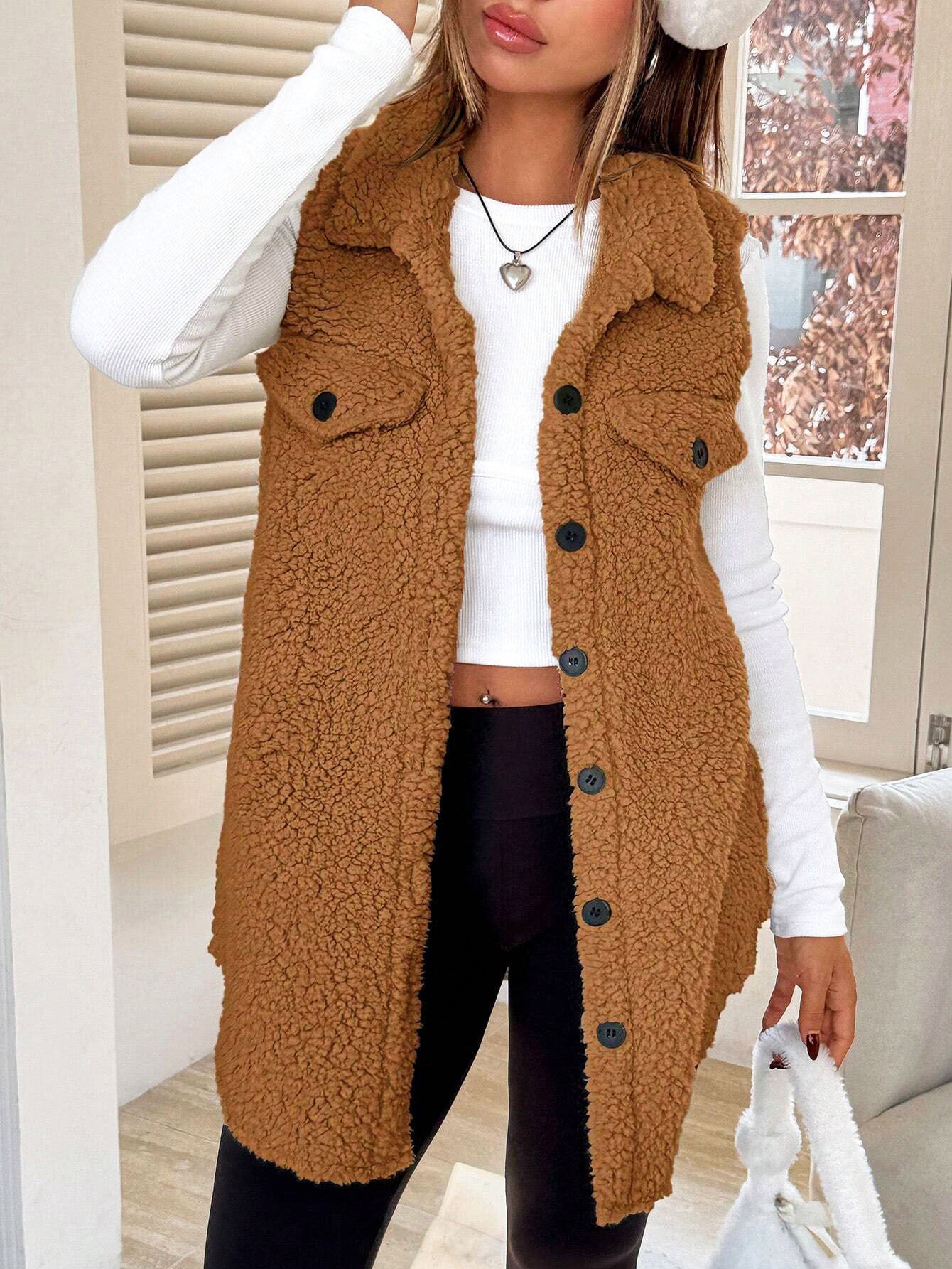 Fall Winter Lapels Open Buckle Plush Vest Cardigan Loose Office Faux Cashmere Women