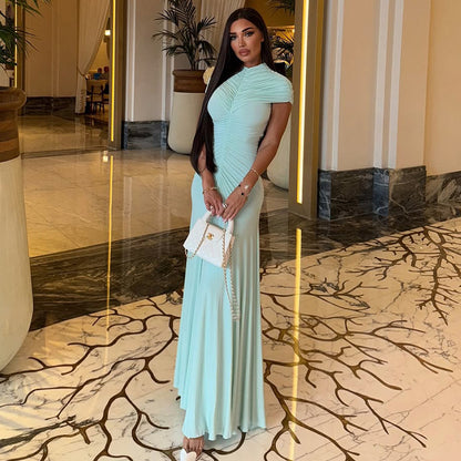 Elegant Fresh Women's Clothing Pleated Solid Color Draped Hip Slim Fit Turtleneck Short Sleeve Length Dress