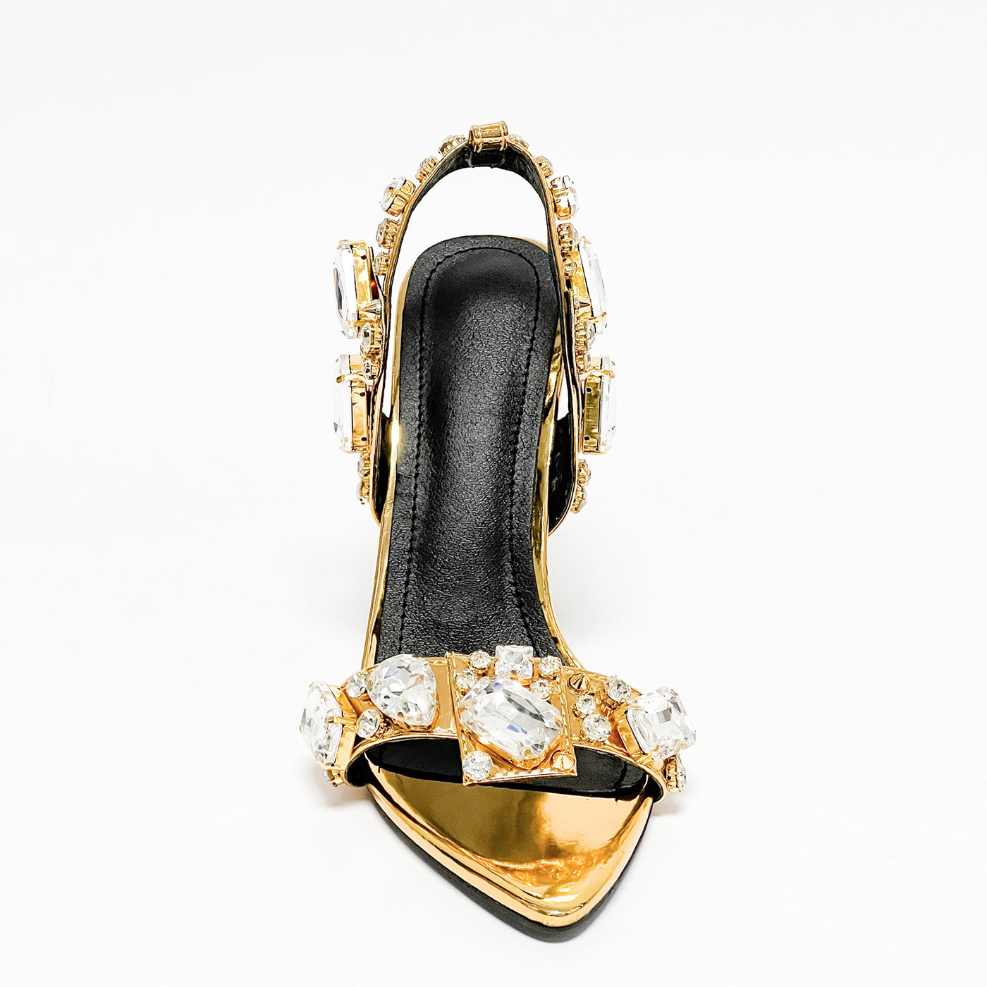 11cm Pointed Gold Rivet Rhinestone Stiletto Heels Summer Sandals Plus Size Shoes
