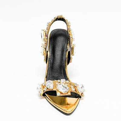 11cm Pointed Gold Rivet Rhinestone Stiletto Heels Summer Sandals Plus Size Shoes
