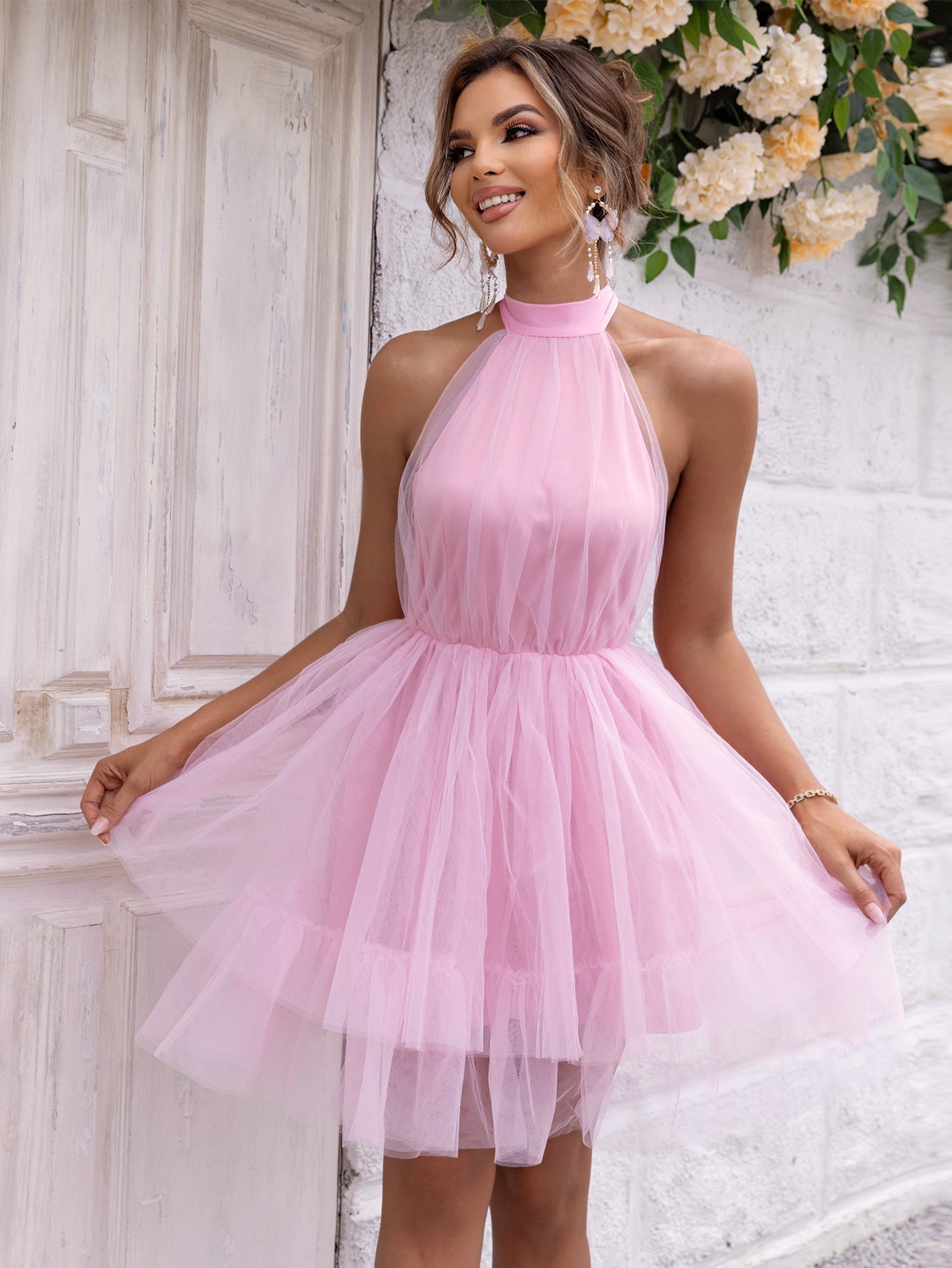 Sexy Mesh Hem Backless off Shoulder Dress