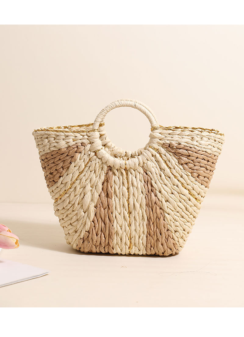 Pastoral Large Capacity Portable Straw-Weaved Bag Contrast Color Hand Carrying Straw Bag Woven Bag Vacation Beach Bag Vegetable Basket