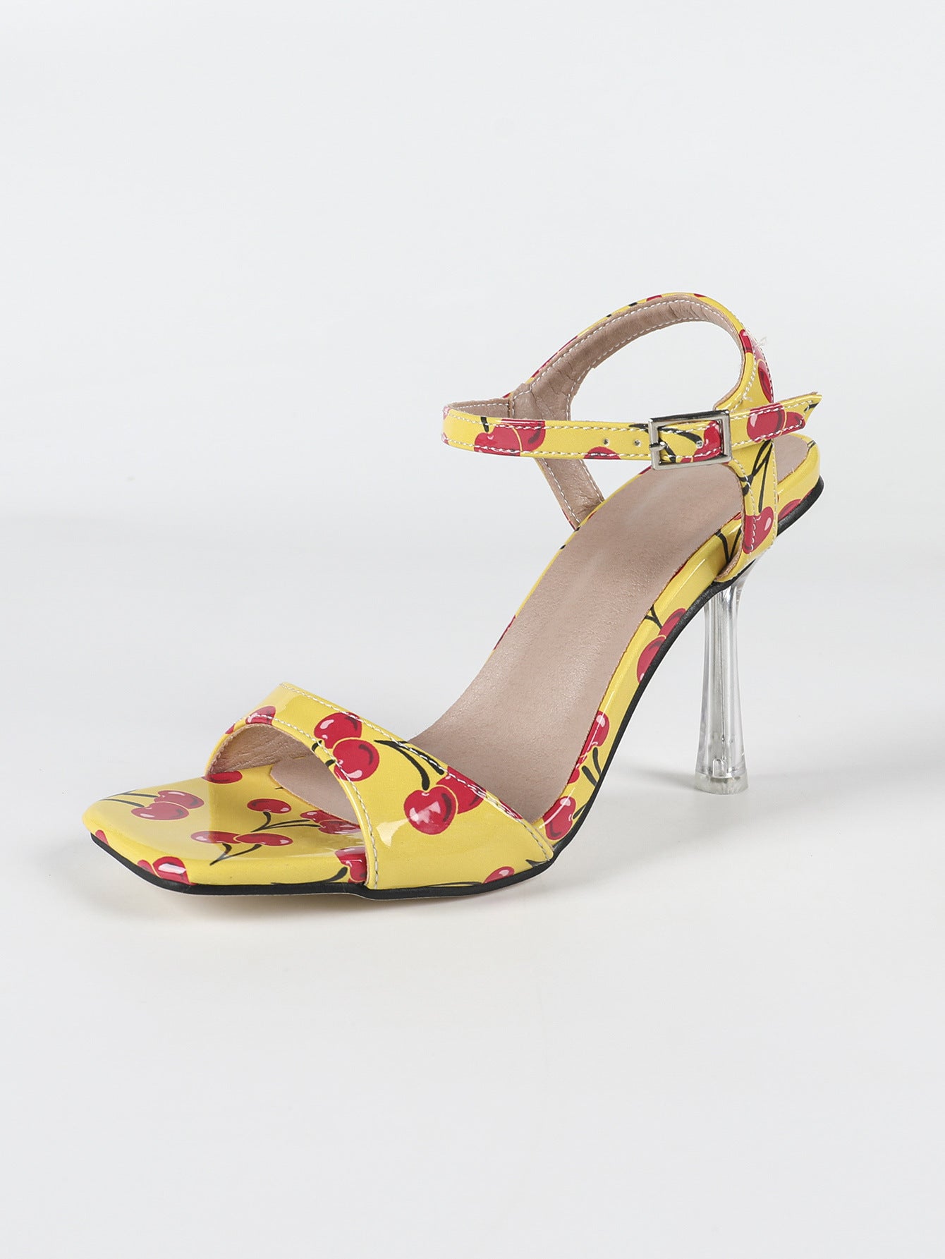 Printed Buckle Strap Open Toe Chunky Heel Transparent Stiletto Heel Women Sandals