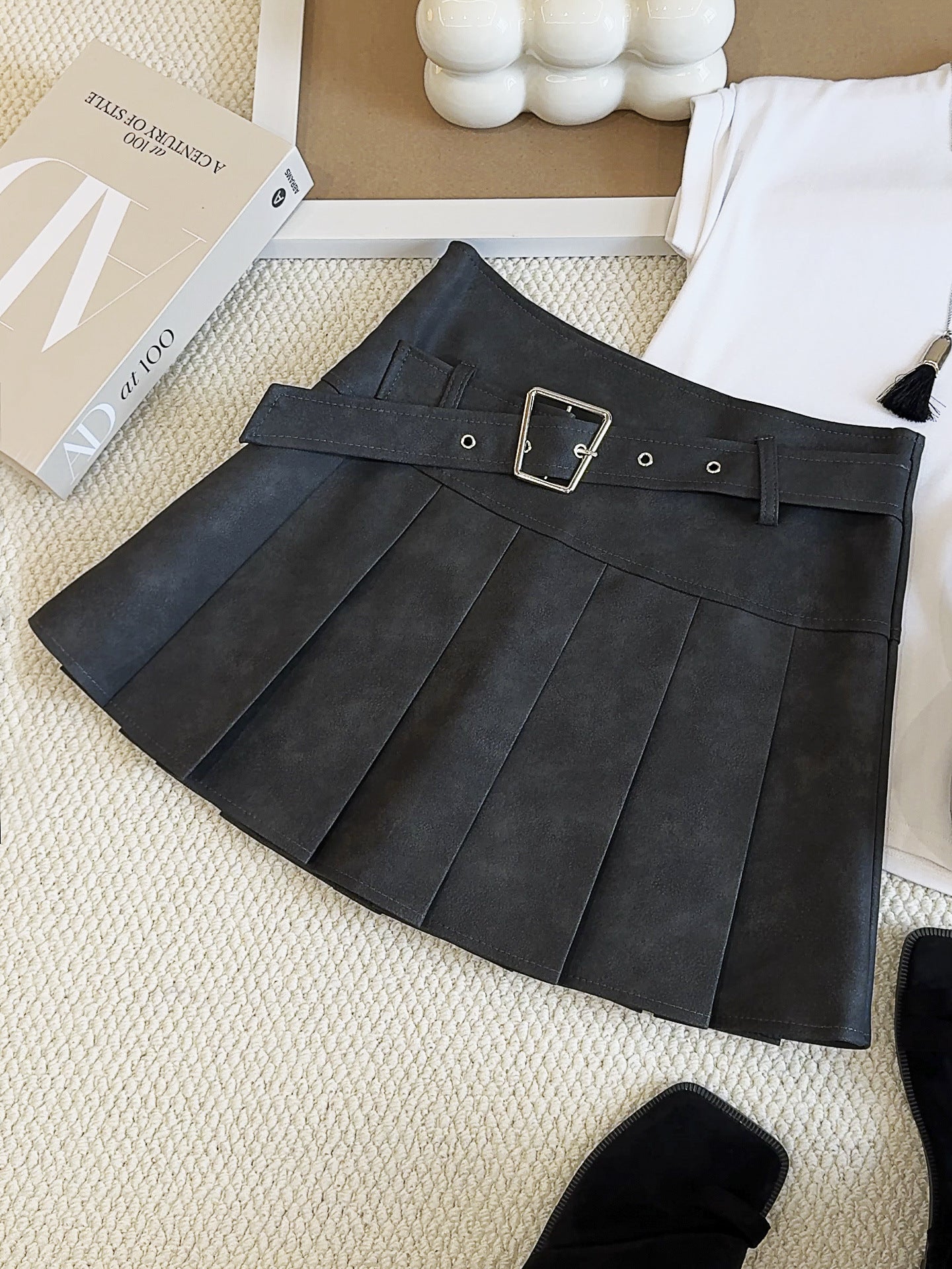 Maillard Tie Dyed Skirt Women Faux Leather Skirt Autumn Winter High Waist Slimming A line Skirt Brown Pleated Skirt