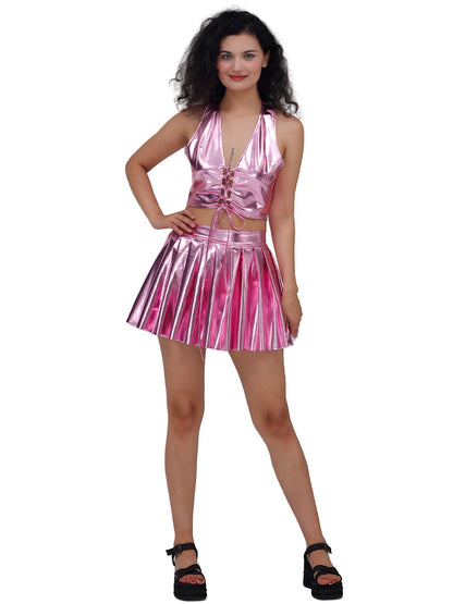 Women Dazzling Patent Leather Pleated Skirt Stage Nightclub High Waist Slimming A line Short Skirt Disco Dancing Costume