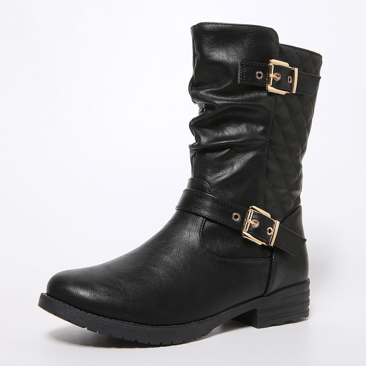 Western Denim Mid-Calf Boots for Women Chain Rivet Chunky Heel Knight Boots