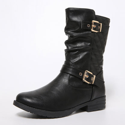 Western Denim Mid-Calf Boots for Women Chain Rivet Chunky Heel Knight Boots