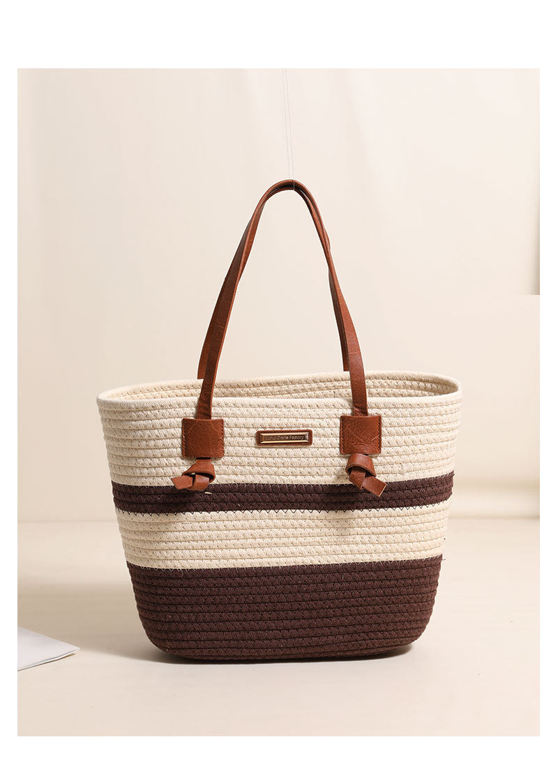 One Shoulder Cotton Thread Woven Bag Large Capacity Tote Straw Bag Vacation Beach Women Bag - GLAMWEARS