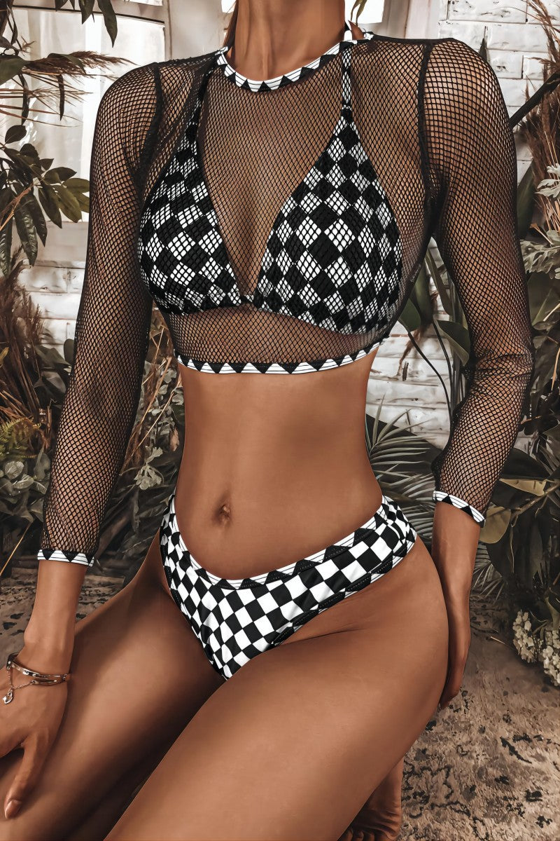 Mesh Grid Sexy Three Piece Set