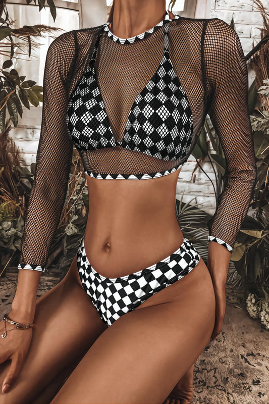 Mesh Grid Sexy Three Piece Set