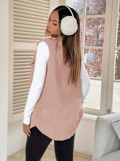 Fall Winter Lapels Open Buckle Plush Vest Cardigan Loose Office Faux Cashmere Women