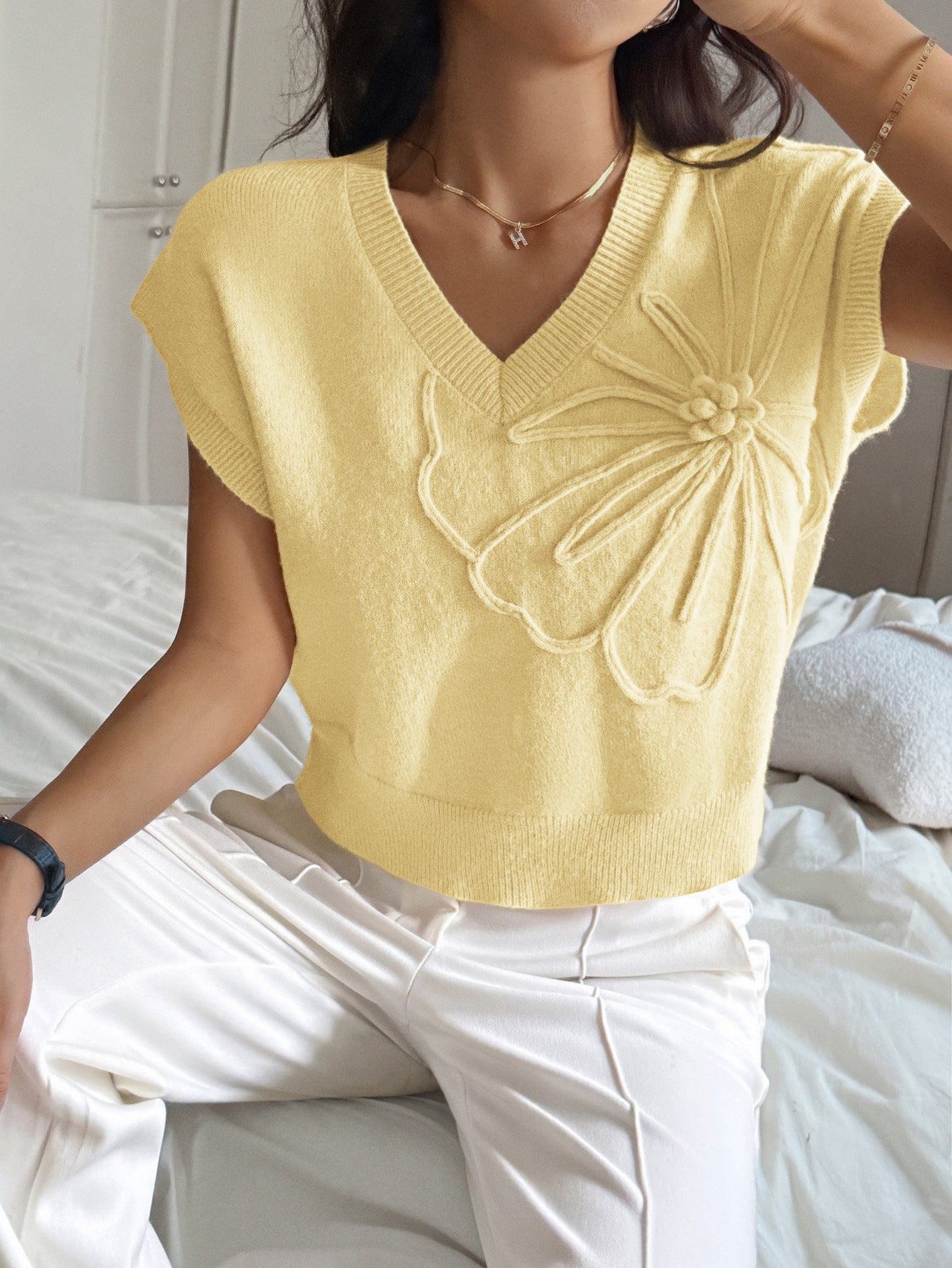 Women Clothing Autumn Winter Casual Vacation Deep V Plunge Neck Solid Color Sweater with Short Sleeves