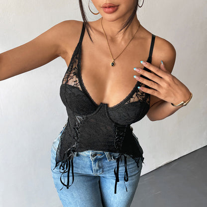 Summer Travel Breathable Sexy Double Layer Lace Special Shaped Strap Deep V Plunge neck Backless Slim Strap Women
