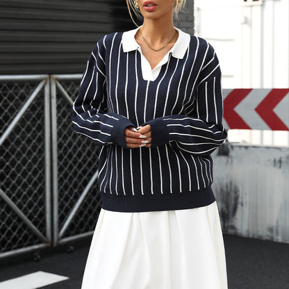 Autumn College Casual Street Trendy Polo Collar Stripes Women Sweater