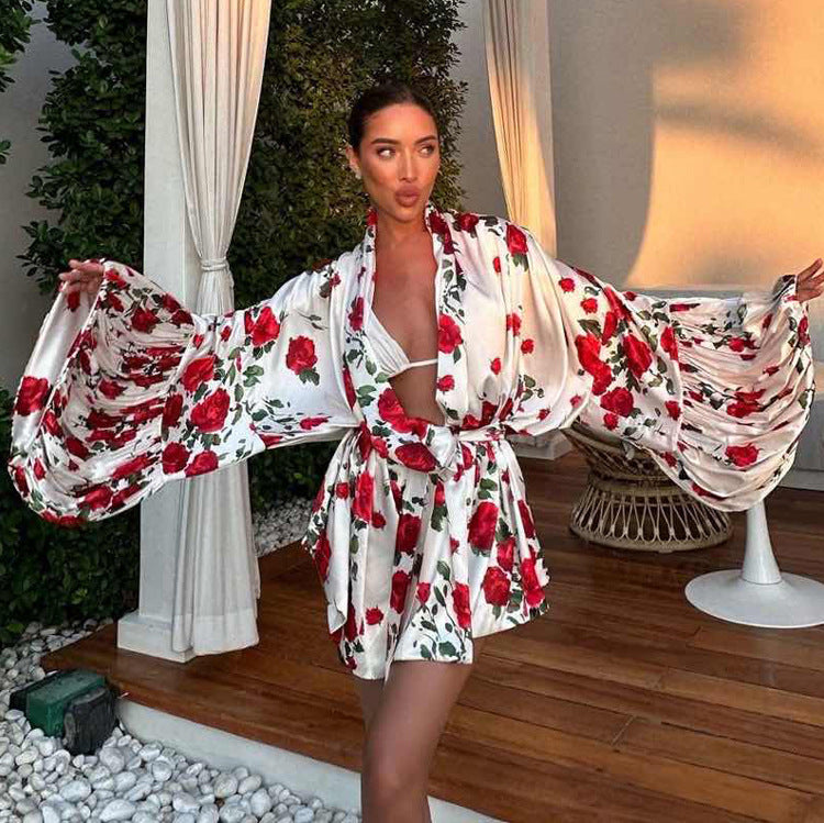 Spring Summer Russian Women Clothing Digital Printing Puff Sleeve Lace up Loose Casual Dress