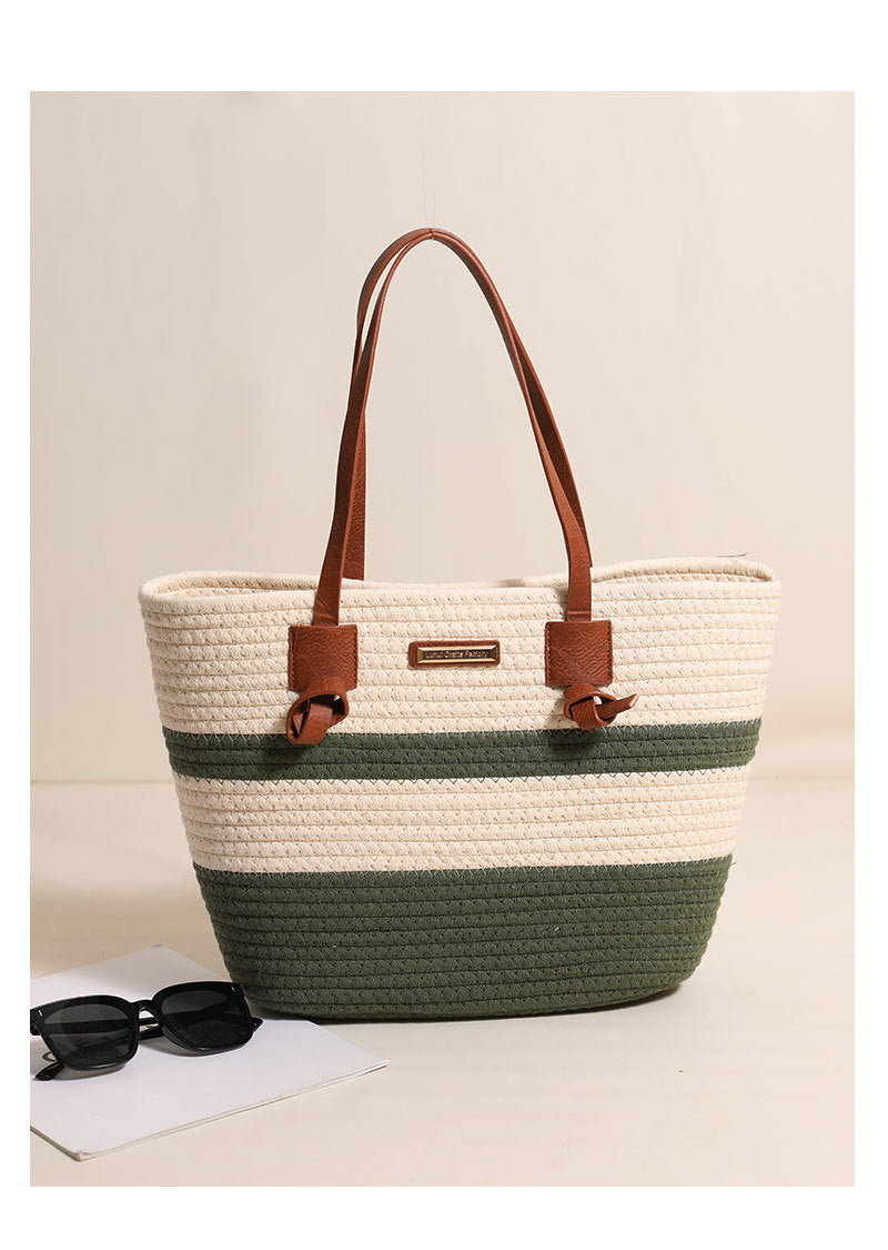 One Shoulder Cotton Thread Woven Bag Large Capacity Tote Straw Bag Vacation Beach Women Bag - GLAMWEARS