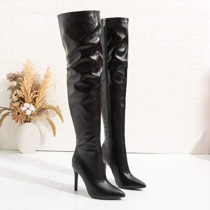 Women High Heel Women Pointed Toe Thick High Heel over the Knee Faux Leather Boots Tight Autumn Winter Warm