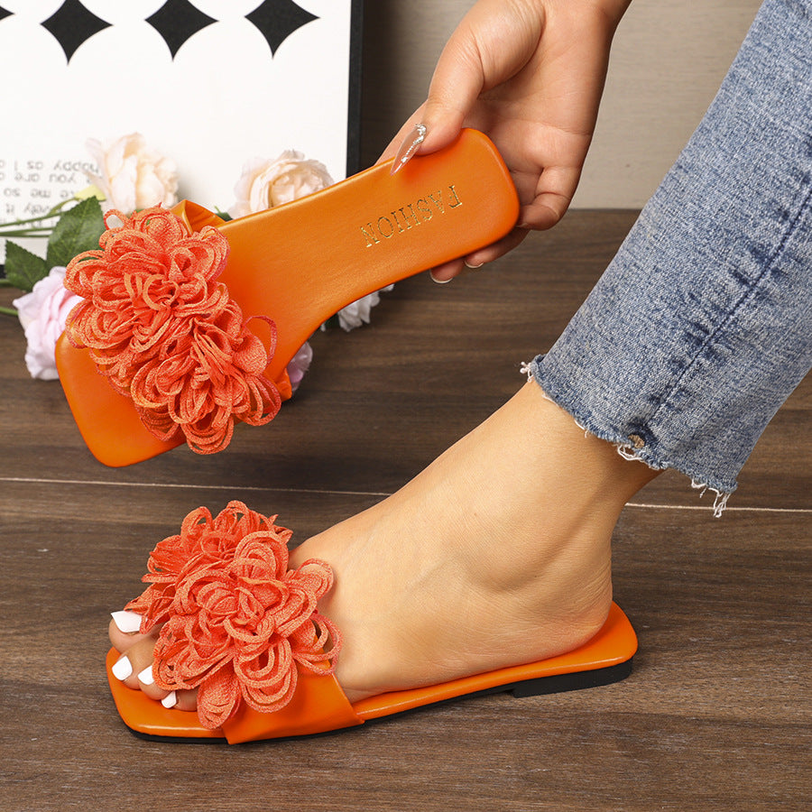 Floral Flat Square Toe Slippers for Women Outdoor Casual Lightweight Beach Slippers