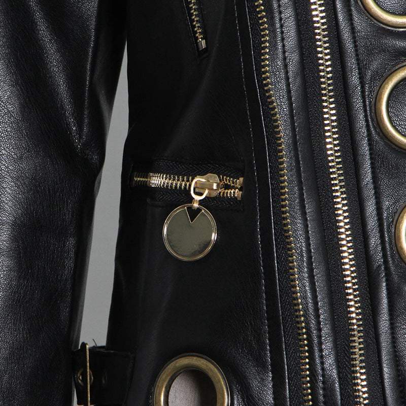 Locomotive Jacket Leather Coat Spring Polo Collar Eyelet Rivet Hollow Out Cutout Slim Jacket
