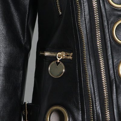 Locomotive Jacket Leather Coat Spring Polo Collar Eyelet Rivet Hollow Out Cutout Slim Jacket