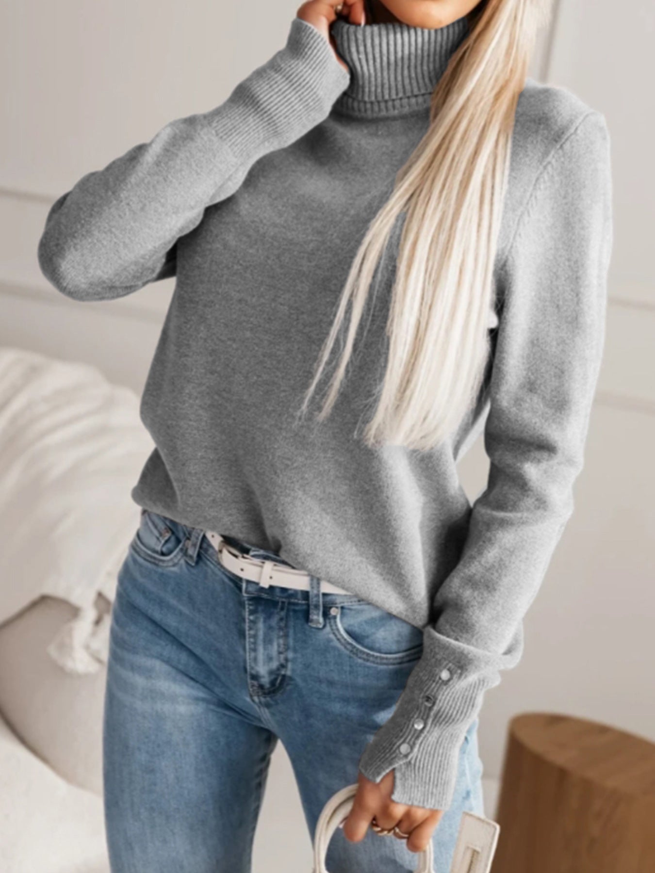 Women Elegant Fall Winter Lapels Knitwear Solid Color Buttons Pullover Sweater Top