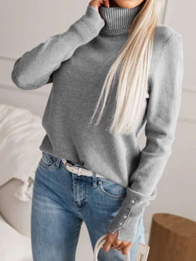 Women Elegant Fall Winter Lapels Knitwear Solid Color Buttons Pullover Sweater Top