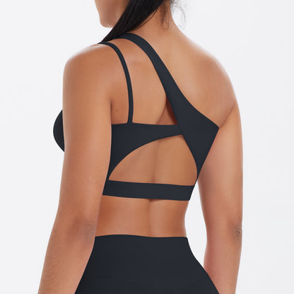 Solid Color One Shoulder Beauty Back Yoga Bra Nude Feel Push up Sports Bra Irregular Asymmetric Shoulder Strap Sports Vest for Women