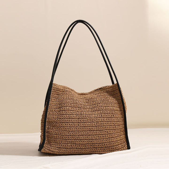 French Large Capacity Straw Bag Niche Solid Color Straw Bag Woven Bag Women Vacation Beach Bag Shoulder Bag - GLAMWEARS