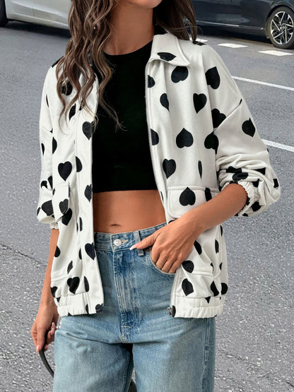 Street Casual Sweet Zipper Collared Love Coat Women Spring Autumn Jacket