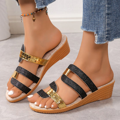 Plus Size Color Matching Wedge Toe Baring Sandal Women Fish Mouth Outer Wear Mid Heel Beach Slippers