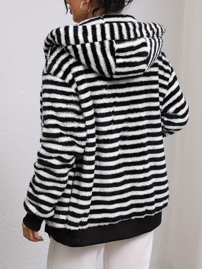 Autumn Winter Lazy Plush Design Black White Striped Hooded Jacket
