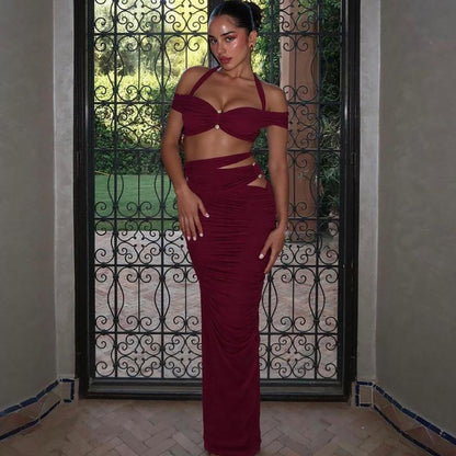 Summer Women Clothing Sexy Halter off Shoulder Spaghetti Straps Vest Slim Pleated Skirt Set